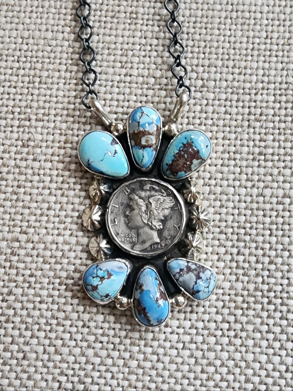 Golden Hills Turquoise Pendant Necklace - Sterling And Coin Navajo Artist